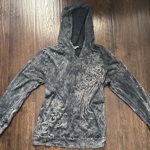 Emo Y2K hoodie lightweight womens embellished gems wings cross 2000s 2010s small